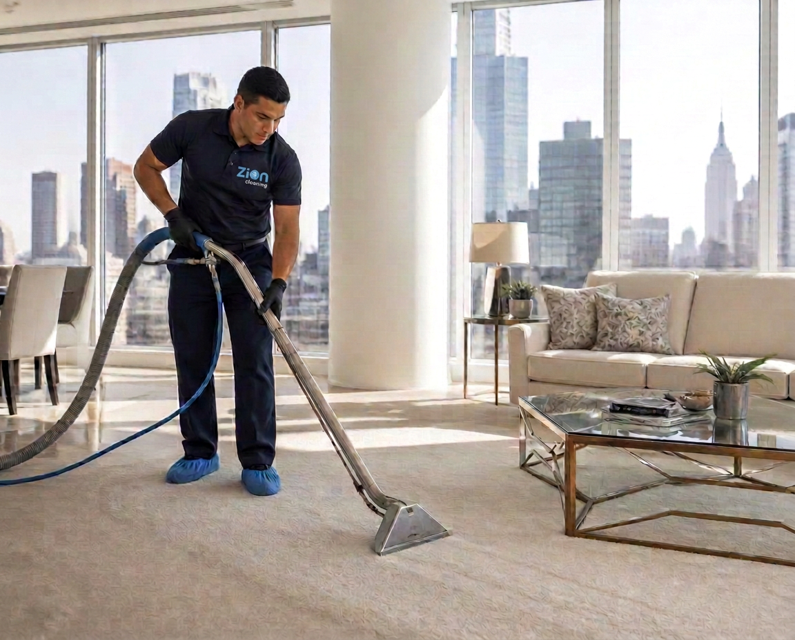 Zion Cleaning technician deep-cleaning a sofa in a modern New York apartment